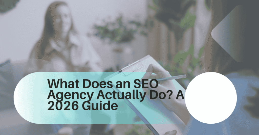 SEO services agency showing organic traffic growth dashboard and Google search results