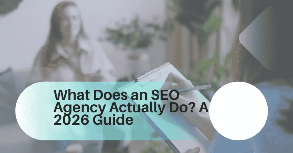 SEO services agency showing organic traffic growth dashboard and Google search results
