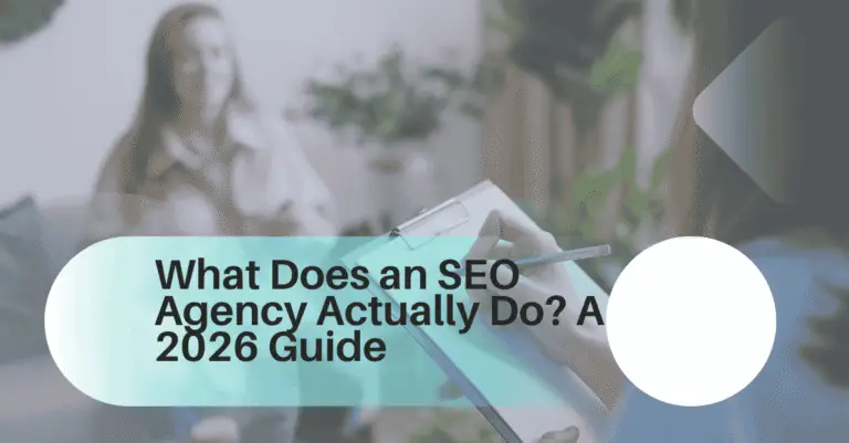 SEO services agency showing organic traffic growth dashboard and Google search results